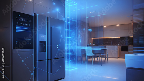 Modern kitchen with smart fridge and glowing tech, showing a connected, future home