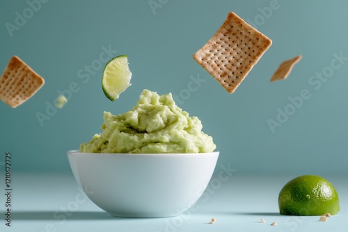 A bowl of creamy guacamole is elevated by floating crackers and lime slices, artfully suspended in mid-air over a muted backdrop.