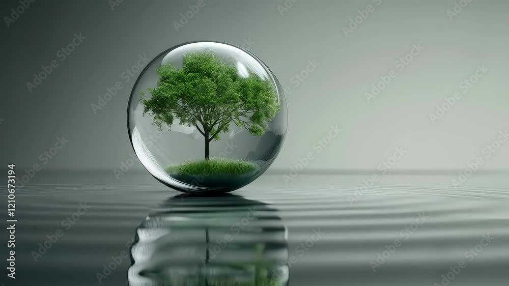 Tree enclosed in glass sphere amidst rippling water creating a tranquil and reflective scene