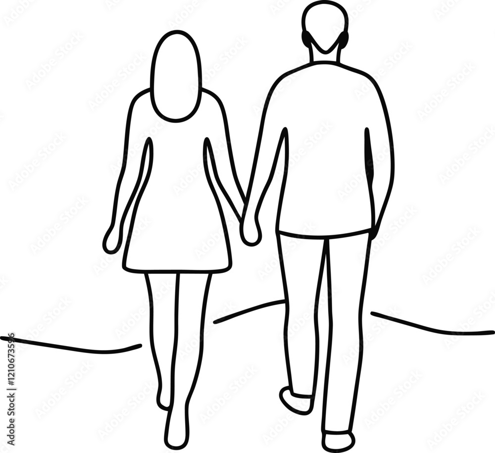 A minimalist line drawing depicts a couple holding hands, walking away from the viewer. Simple, elegant, and symbolic of love and companionship. A minimalist line drawing depicts a couple holding hands, walking away from the viewer. Simple, elegant, and symbolic of love and companionship.