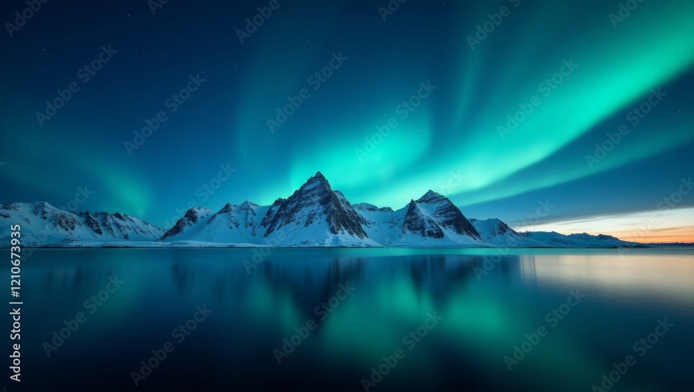 Naklejka premium Northern lights over serene snowcovered mountains