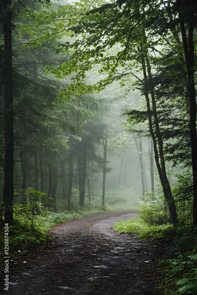 Obraz premium Serene Forest Pathway in Early Morning Fog Surrounded by Lush Greenery : Generative AI