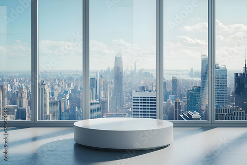 A sleek, modern display podium in front of a large window with views of the city skyline for a contemporary product showcase. photo