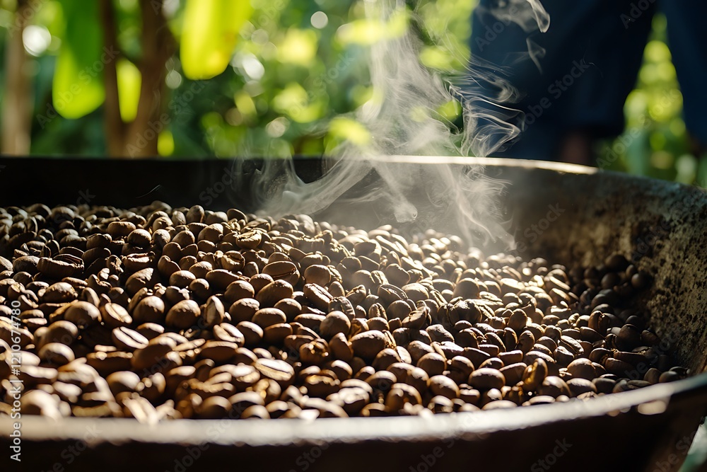 Obraz premium Fresh coffee beans roasted, ground, and brewed into a steaming, aromatic cup coffee.