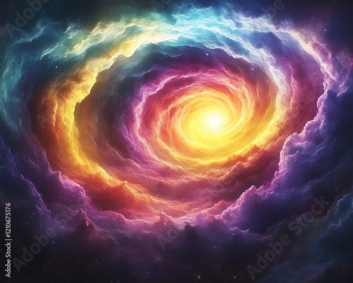 Colorful swirling nebula with bright center. photo