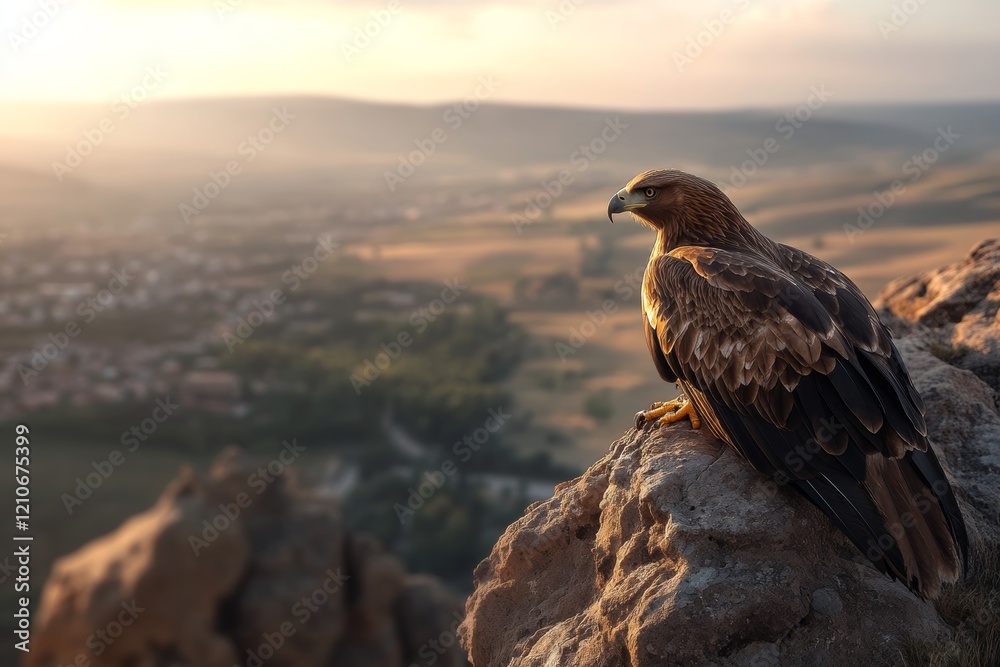 Fototapeta premium A majestic eagle perched on a rocky ledge overseeing a vast landscape, embodying freedom and power at sunset.