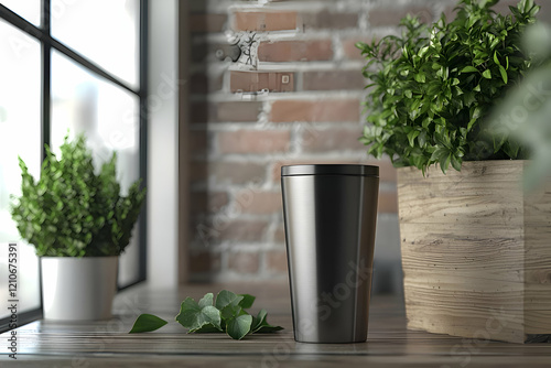 A sleek tumbler mockup in a clear, modern environment to showcase custom designs. photo