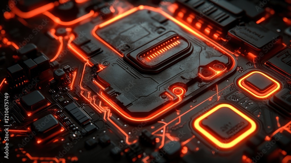Fototapeta premium Close-up of a futuristic circuit board with glowing orange lines.
