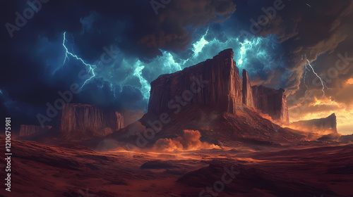 detail realistic dramatic monument valley, towering buttes, desert storm approaching,. Thunder Valley. Illustration
