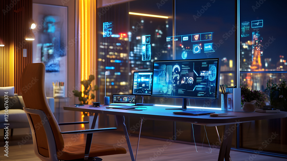 A home office with a futuristic desk projecting multiple monitors A home office with a futuristic desk projecting multiple monitors