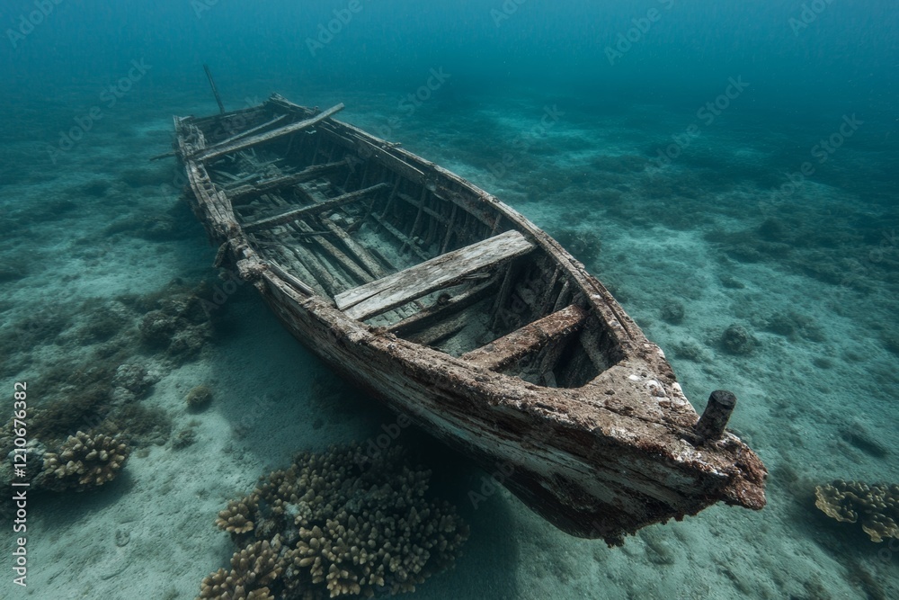Beneath the clear waters, an ancient wooden boat rests solemnly, its skeleton preserved by the silent seabed, exuding mystery. Beneath the clear waters, an ancient wooden boat rests solemnly, its skeleton preserved by the silent seabed, exuding mystery.
