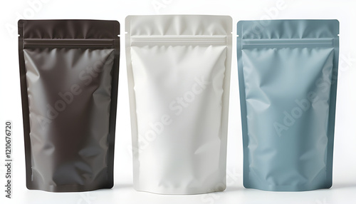 A set of three blank. stand up pouches. perfect for showcasing your product packaging designs. photo