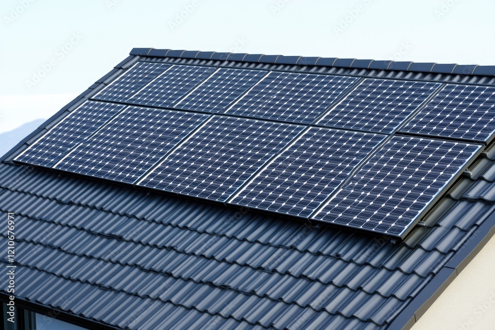 A residential house with a solar panel installed on its rooftop, suitable for environmental and energy-related concepts A residential house with a solar panel installed on its rooftop, suitable for environmental and energy-related concepts