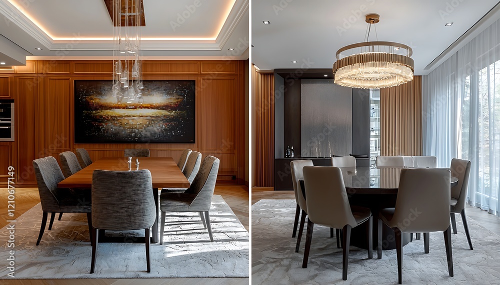 Before and after transformation a modern dining area emphasizing new lighting and polished furniture Before and after transformation a modern dining area emphasizing new lighting and polished furniture