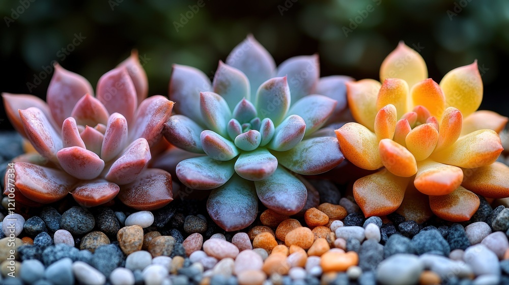 Obraz premium Three vibrant succulents in red, blue, and yellow hues, nestled amongst small stones.