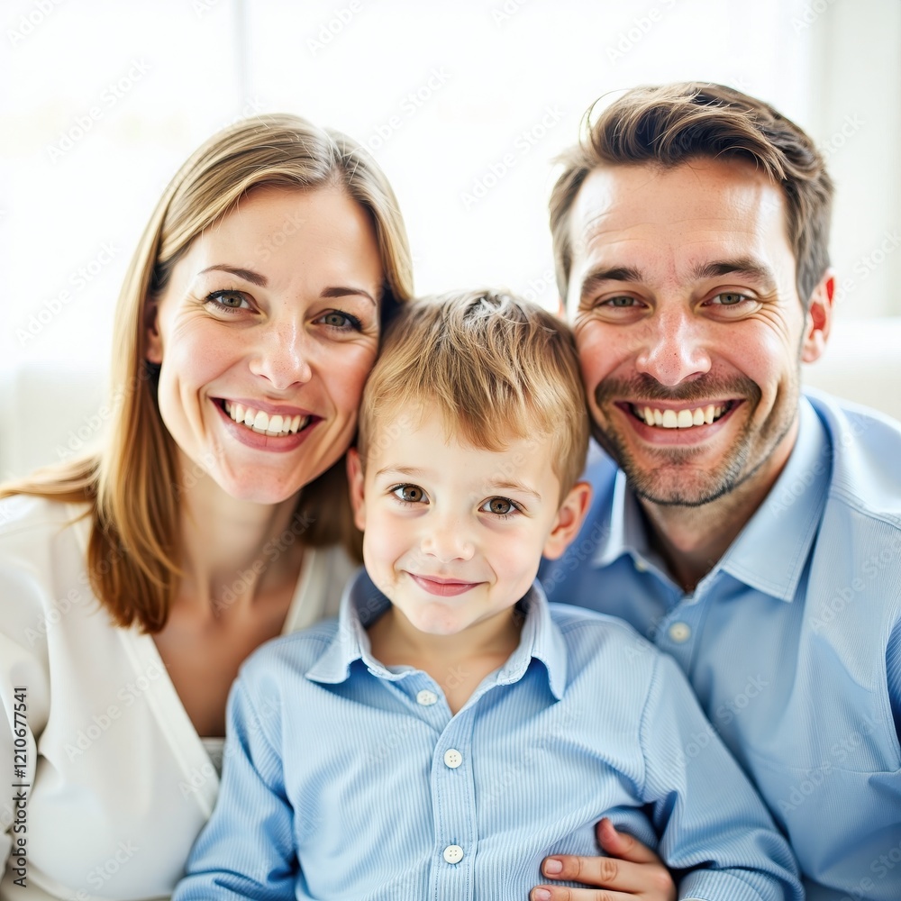 Happy family portrait: parents and their young son smile warmly for the camera, showcasing their love and connection. Happy family portrait: parents and their young son smile warmly for the camera, showcasing their love and connection.