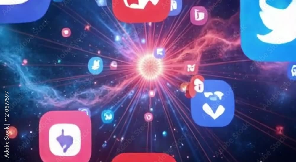 This dynamic graphic showcases various social media icons swirling around a central, radiant energy source.