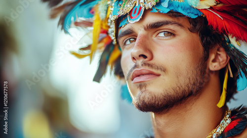 A candid photo, portrait of a young caucasian man adorned in a vibrant carnival costume, in a carnival parade, Perfect for carnival, Mardi Gras, party, celebration, and theme-related concepts. Carniva photo