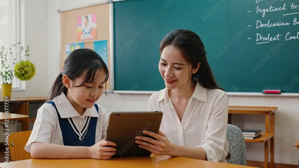 Teacher Assists Student With Lesson or Teacher And Student Using Tablet In Class Teacher Assists Student With Lesson or Teacher And Student Using Tablet In Class