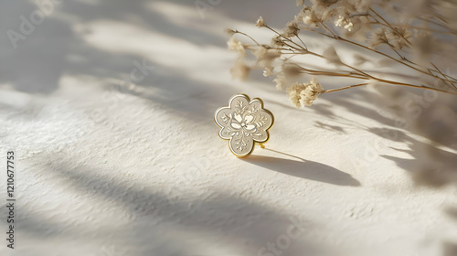 A soft enamel pin mockup featuring a delicate design, displayed on a light-colored surface with subtle lighting. photo