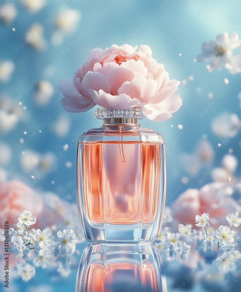 The bottle of flower perfume with a large peony on the lid stands on a table with many peony petals around. Blue blur background with small white flowers
