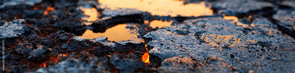 Volcanic Rock Surface with Molten Lava and Water Puddles Volcanic Rock Surface with Molten Lava and Water Puddles