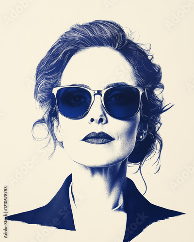 Portrait d'une femme active élégante dans les tons bleu marine sur fond clair, femme cadre de trente ans, lunettes et blazer photo