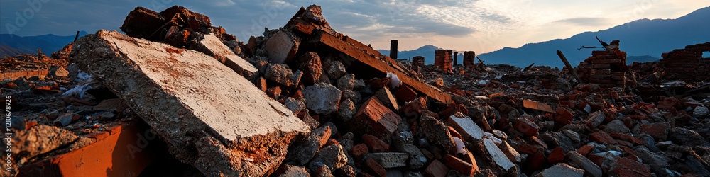 Fototapeta premium Rubble Pile of Brick, Concrete, and Wood Debris Following Structural Destruction