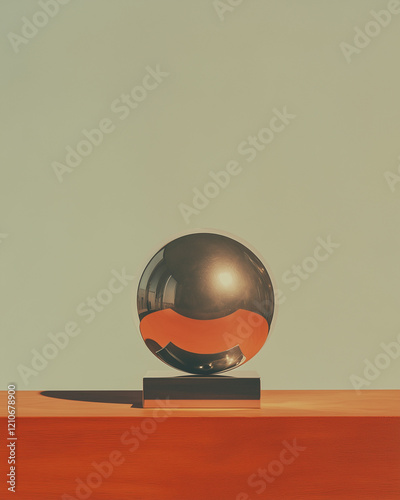 Sculpture abstraite avec globale en métal chrome sur socle carré dans un bureau de style modernisme milieu du siècle