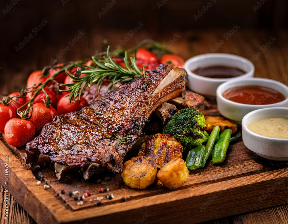 Grilled ribs served on a wooden board with roasted vegetables, cherry tomatoes, and three dipping sauces create a mouth-watering barbecue presentation. Grilled ribs served on a wooden board with roasted vegetables, cherry tomatoes, and three dipping sauces create a mouth-watering barbecue presentation.