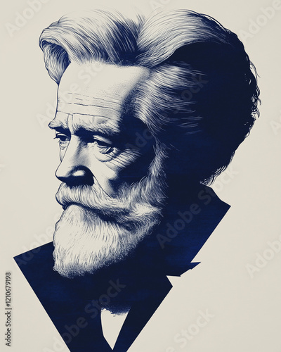 Portrait d'un homme âgé, business man cadre senior, dirigeant, directeur, avocat *, ingénieur, philosophe, ou responsable avec une coupe soignée et un costume noir, dessin bleu marine sur fond blanc photo