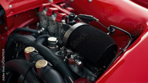 Wallpaper Mural A close-up shot of a red car engine with various mechanical components visible Torontodigital.ca