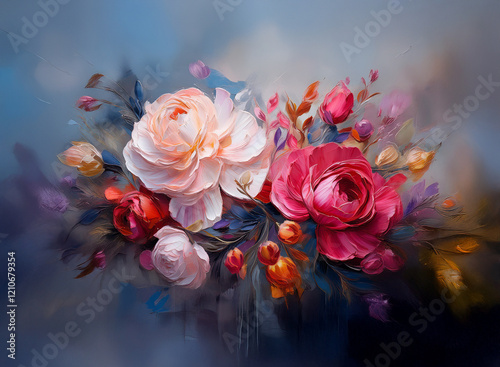 A vibrant oil painting of a rose bouquet.  Peach and crimson roses are prominent, surrounded by smaller blooms and foliage against a soft, blurred blue-gray background.  The style is impressionistic  photo