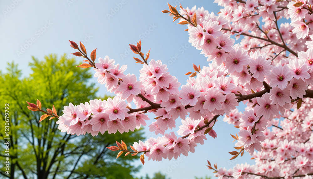Vibrant cherry blossom tree branch adorned with delicate flowers and green leaves, spring beauty Vibrant cherry blossom tree branch adorned with delicate flowers and green leaves, spring beauty