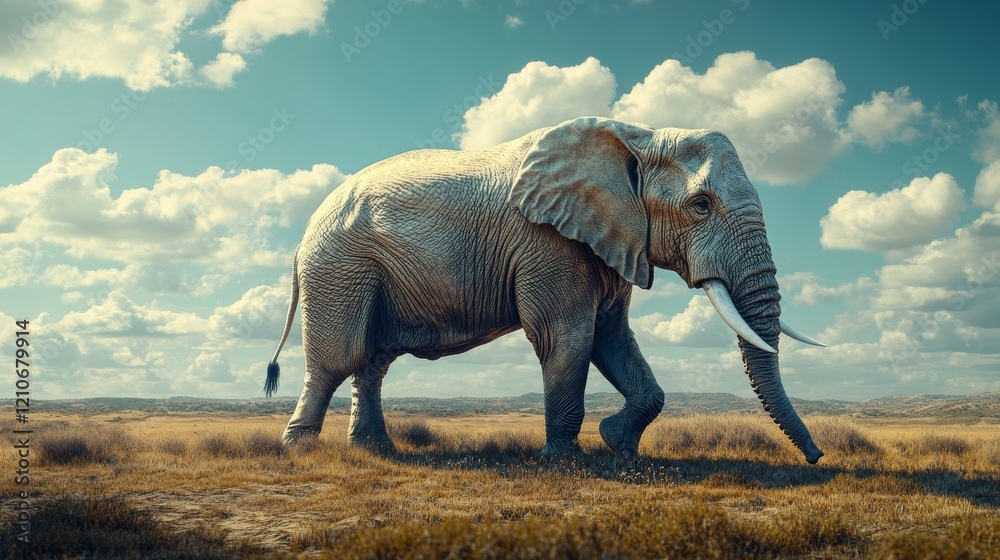 Fototapeta premium A large elephant is walking across a dry, grassy plain