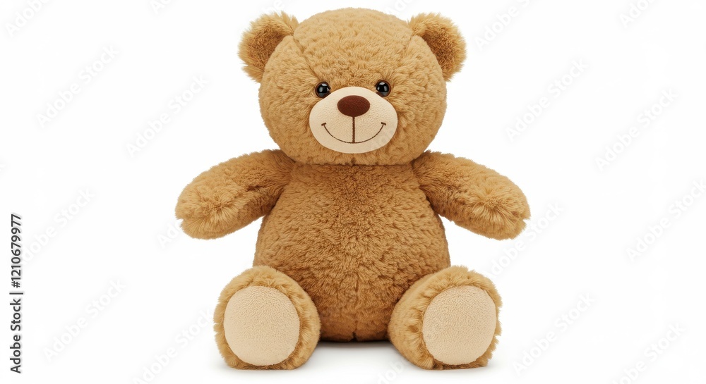 Obraz premium A plush teddy bear with a light brown fur on white background the teddy bear is sitting upright has a round head with two small black eyes and a brown nose wearing a white t-shirt