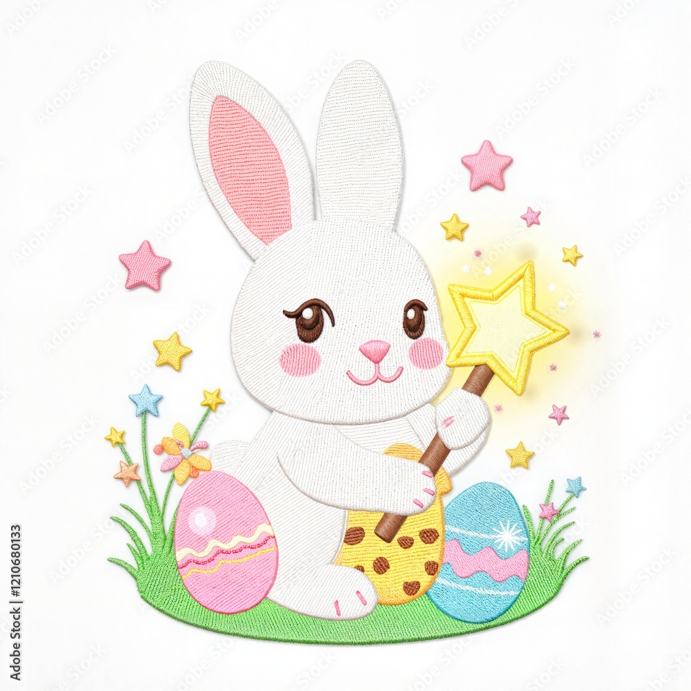 Cute bunny holding magic wand with Easter eggs and stars Cute bunny holding magic wand with Easter eggs and stars