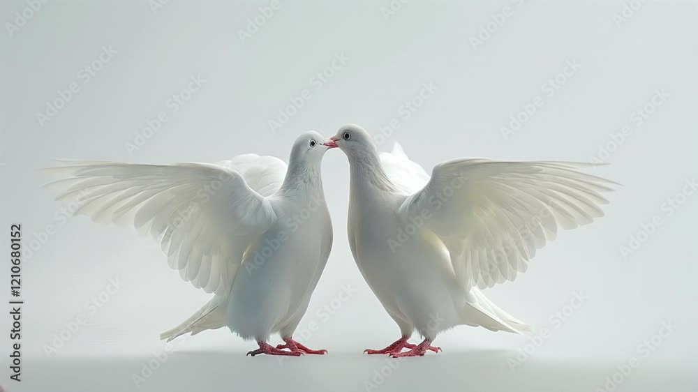 Two elegant white doves in harmony, side by side looking at each other with their wings raised.