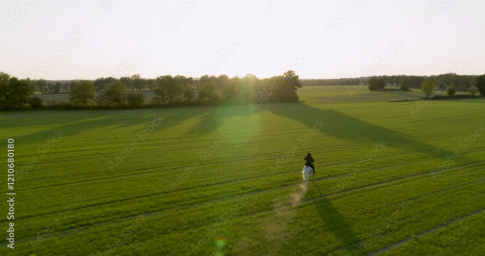 Majestic stallion kicking up dirt in meadow as it carries cloaked rider towards sunset - cinematic drone shot Majestic stallion kicking up dirt in meadow as it carries cloaked rider towards sunset - cinematic drone shot