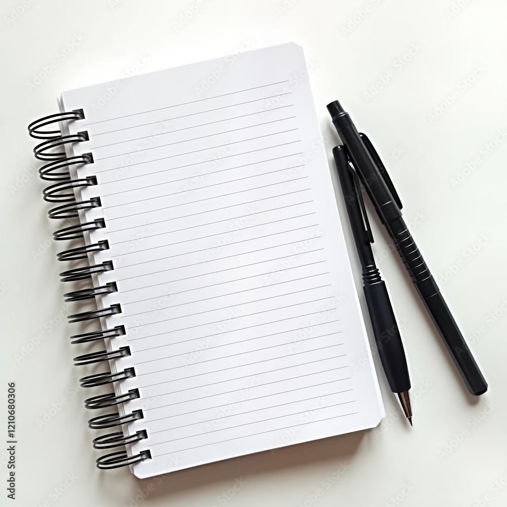 Spiral notebook with lined paper, two black pens. Blank page ready for notes. Good for writing thoughts ideas. Study work supplies. Open empty page. Ideal for planning journaling. Useful for taking Spiral notebook with lined paper, two black pens. Blank page ready for notes. Good for writing thoughts ideas. Study work supplies. Open empty page. Ideal for planning journaling. Useful for taking