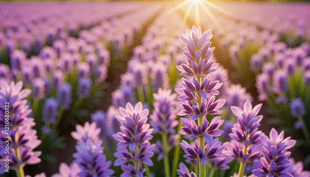 Naklejka premium Close-up view of blooming lavender flowers with golden sunlight in a vibrant field