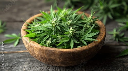 stacked green cannabis leaves on a smooth, light-colored table.