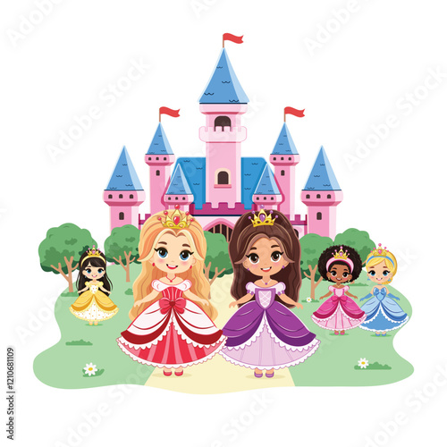 Cute different nationalities princesses with beautiful eyes and golden crown stand in front of the castle. Poster, Banner, Flyer, Greeting Card. Vector illustration in flat drawn cartoon style