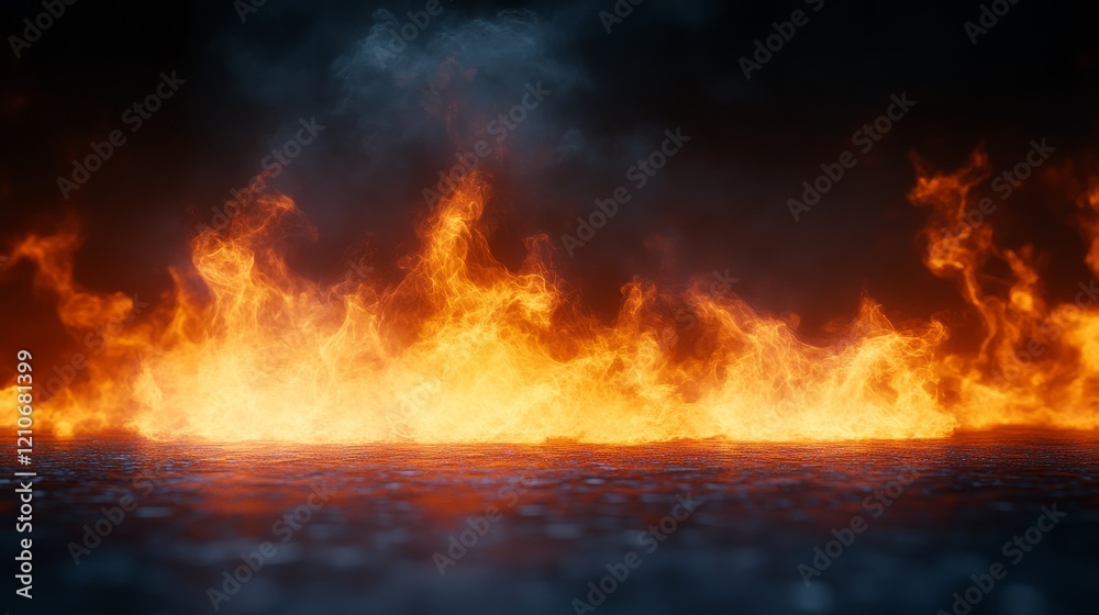 A fire is burning in the background of a dark scene A fire is burning in the background of a dark scene