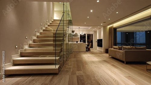 Modern staircase with glass railing in stylish living room featuring contemporary interior design, wooden elements, and warm lighting for inviting atmosphere.