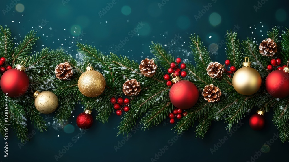 Naklejka premium Festive Greenery with Ornaments, Berries, and Pine Cones for Holidays