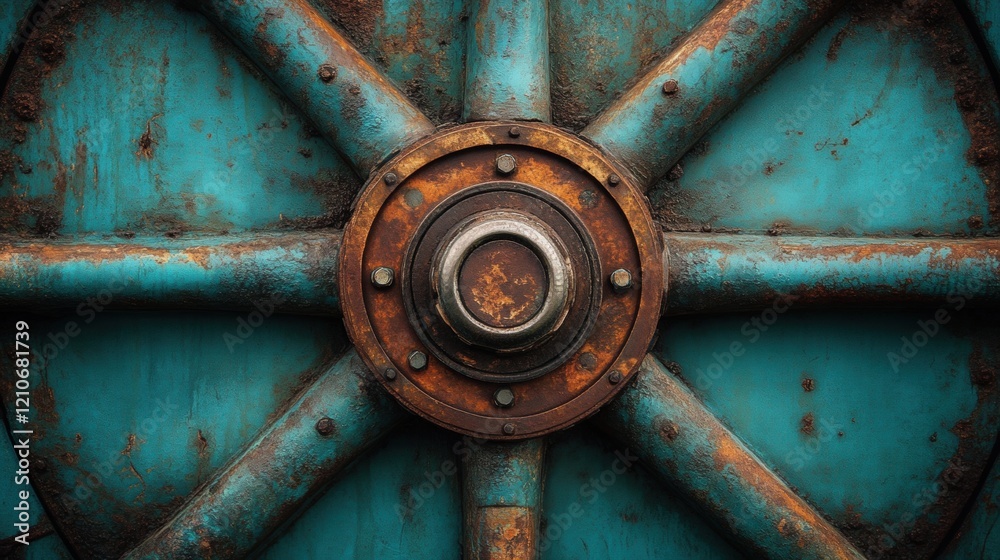 Detailed Close-Up of Rusty Industrial Wheel in Turquoise Patina