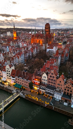 aerial view of gdansk city panorama at sunset in winter in poland