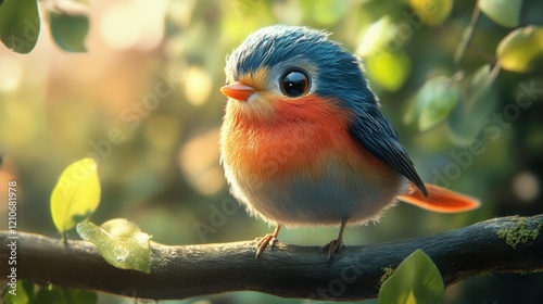 Cute Colorful Bird Sitting on a Branch Surrounded by Green Leaves