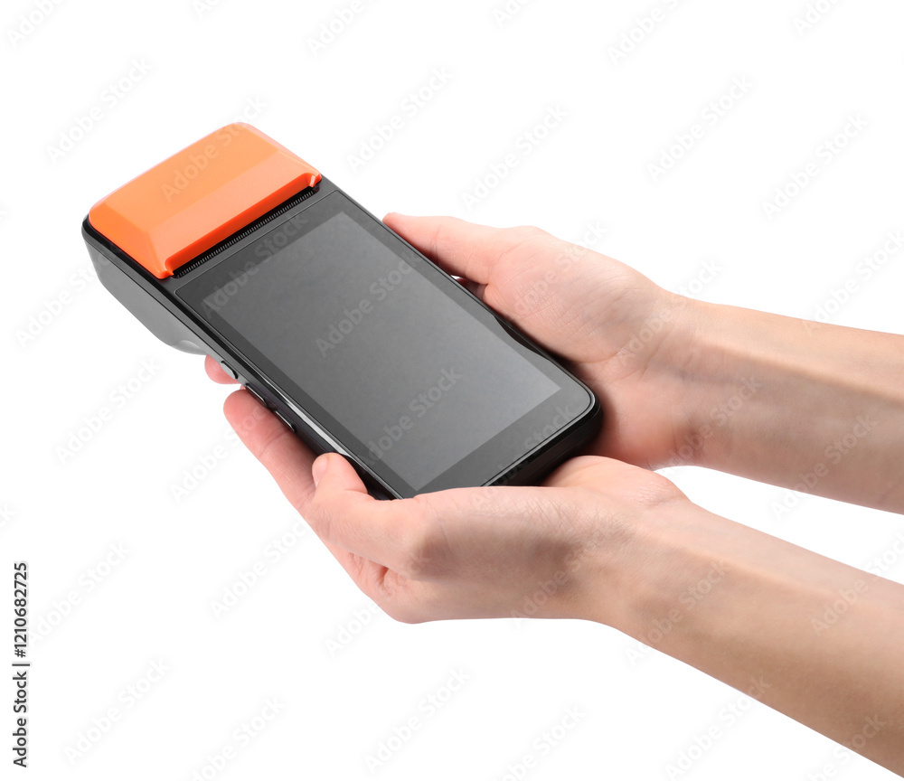 Woman with payment terminal on white background, closeup Woman with payment terminal on white background, closeup
